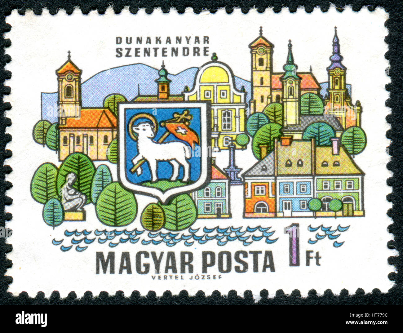 Ungarn - ca. 1969: Eine Briefmarke gedruckt in Ungarn, zeigt eine am Fluss Stadt im Komitat Pest - Szentendre, ca. 1969 Stockfoto