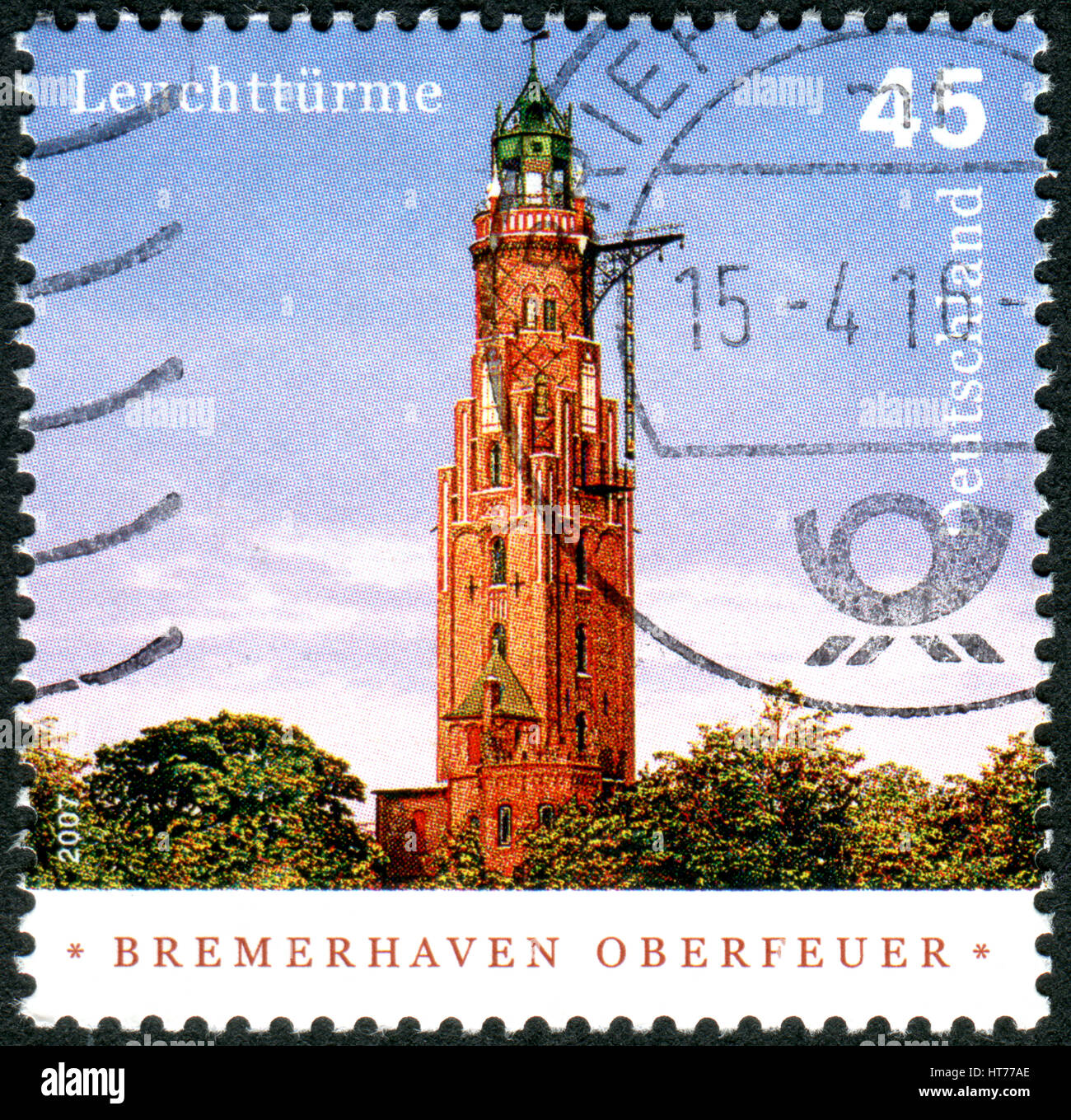 Deutschland - ca. 2007: Eine Briefmarke gedruckt in Deutschland, zeigt den Leuchtturm Bremerhaven Oberfeuer (erbaut 1855), ca. 2007 Stockfoto