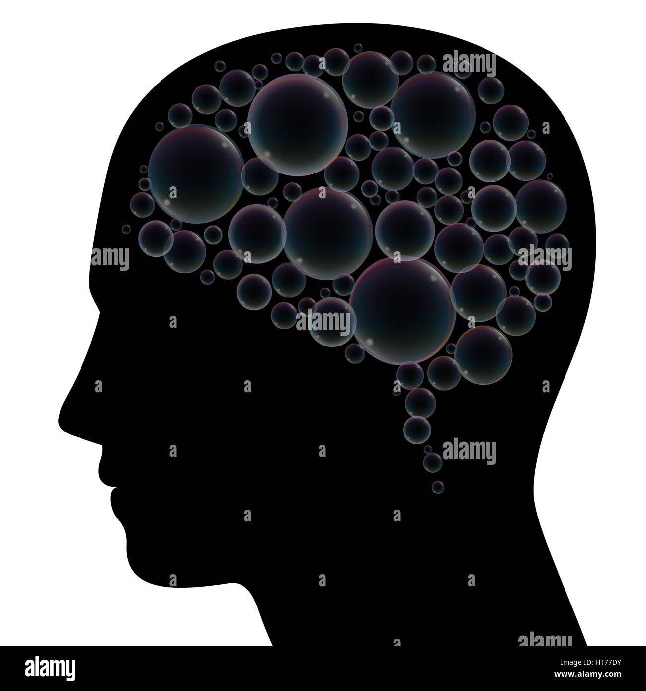 Seifenblasen statt Gehirn in einen menschlichen Kopf, als Symbol für Phantasie, Träume, Mattigkeit, Verwirrung, Depression, Demenz oder Stress. Stockfoto