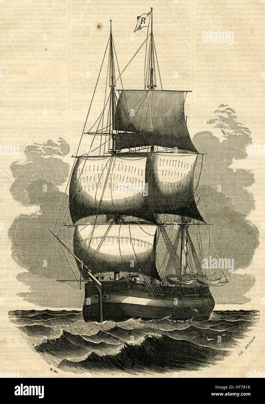 Antiken 1854 Gravur, "Schiff Maria von New Bedford, das älteste Schiff in den Vereinigten Staaten." Sie entstand an der Stadt von Pembroke, jetzt genannt Hanson, für ein Privateer während des Unabhängigkeitskrieges. Sie wurde von William Rotch, eines Kaufmanns aus Nantucket, danach von New Bedford, im Jahr 1783, gekauft und im gleichen Jahr machte sie eine Reise nach London mit einer Ladung von Öl. Ihre Registrierung ist n. 1782 datiert; und sie ist daher in ihrem 70 / 3 Jahr. QUELLE: ORIGINAL GRAVUR. Stockfoto