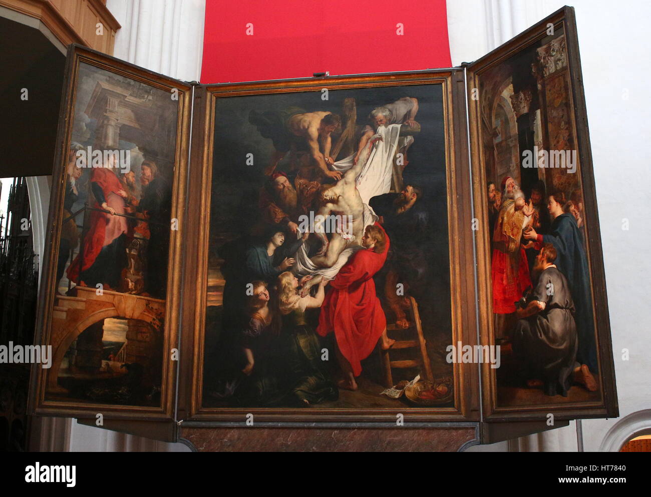 Rubens - die Kreuzabnahme (Kruisafneming, 1612-14) in der Kathedrale unserer lieben Frau, Antwerpen, Belgien Stockfoto