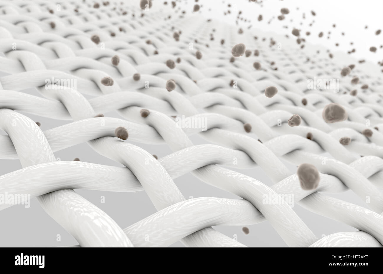 Eine extreme Vergrößerung der weißen, die einzelne Gewebe Fäden, die eingedrungen durch Schmutzpartikel auf einem isolierten Hintergrund - 3D render Stockfoto