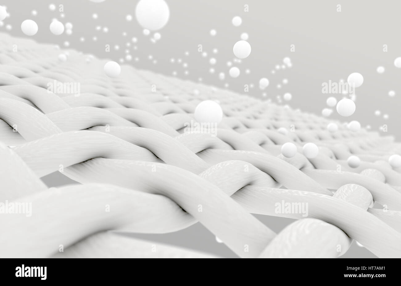 Rendern Sie eine extreme Vergrößerung des weißen einzelner Gewebe Fäden, die durch weiße Partikel auf einem isolierten Hintergrund - 3D Reinigung eingedrungen Stockfoto