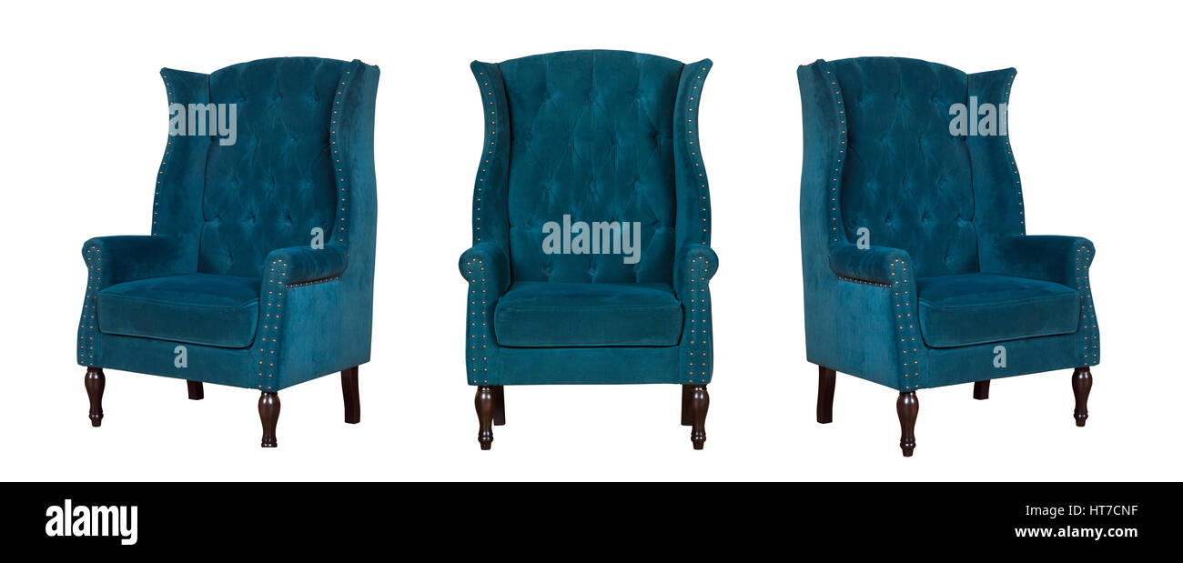 Textile klassischer blauer Stuhl isoliert auf weißem Hintergrund. Von verschiedenen Seiten - Front und zwei Seitenansichten anzeigen Stockfoto