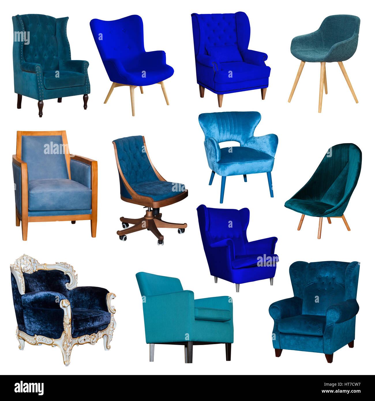 Collage aus verschiedenen blauen Chairisolated auf weißem Hintergrund gesetzt. Anzeigen von verschiedenen Seiten - vorne und zwei seitlichen Blick auf Leder und Textil Stuhl Stockfoto