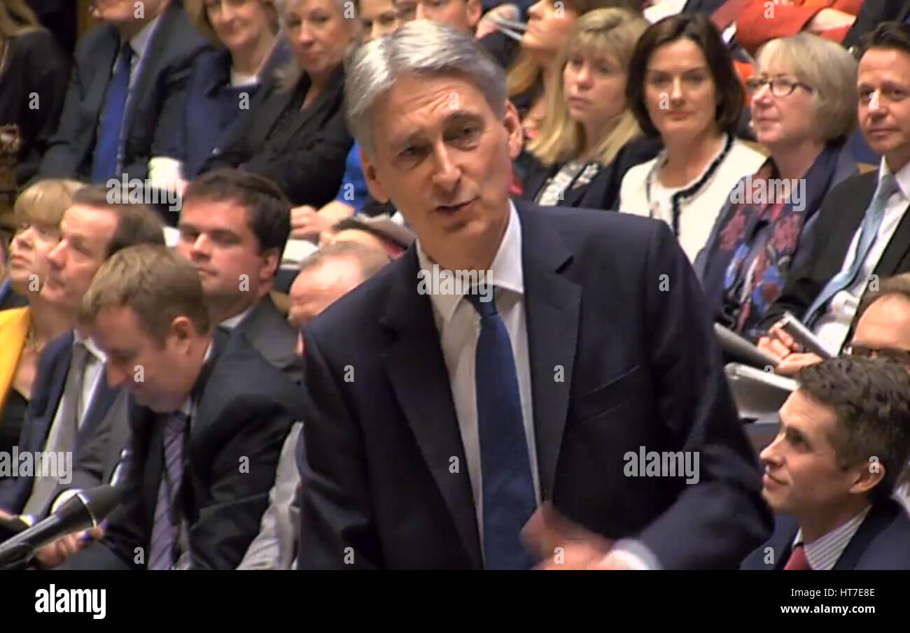 Kanzler des Finanzministeriums Philip Hammond machen seine Budgetaufstellung, Abgeordnete im House Of Commons. Stockfoto