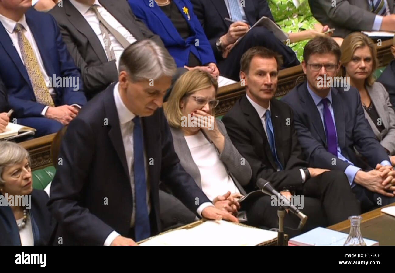 Kanzler des Finanzministeriums Philip Hammond machen seine Budgetaufstellung, Abgeordnete im House Of Commons. Stockfoto