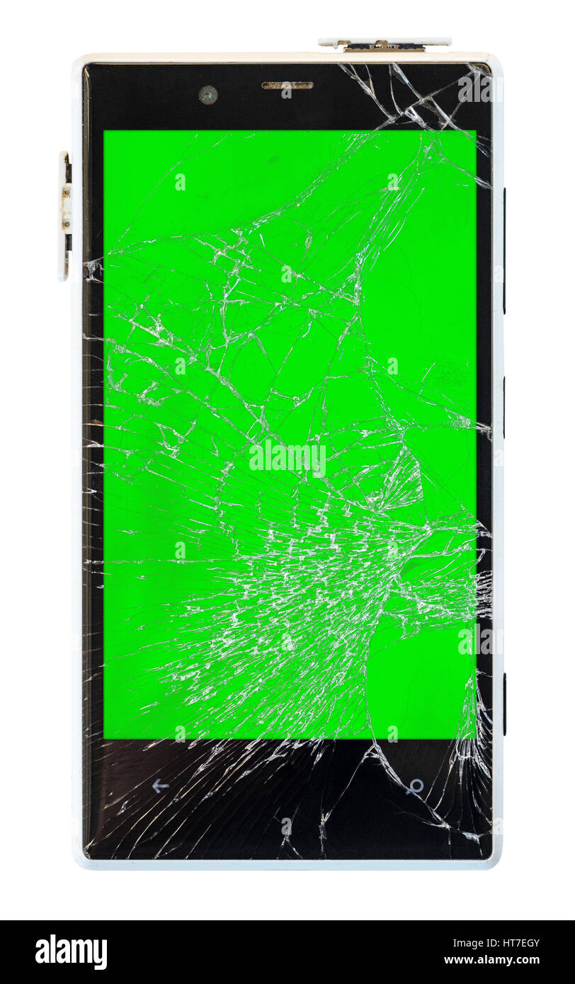 Smartphone mit gebrochenen Bildschirm isoliert auf weißem Hintergrund mit Cliping Weg. Grüne Chroma Key Display von beschädigten Handy Stockfoto
