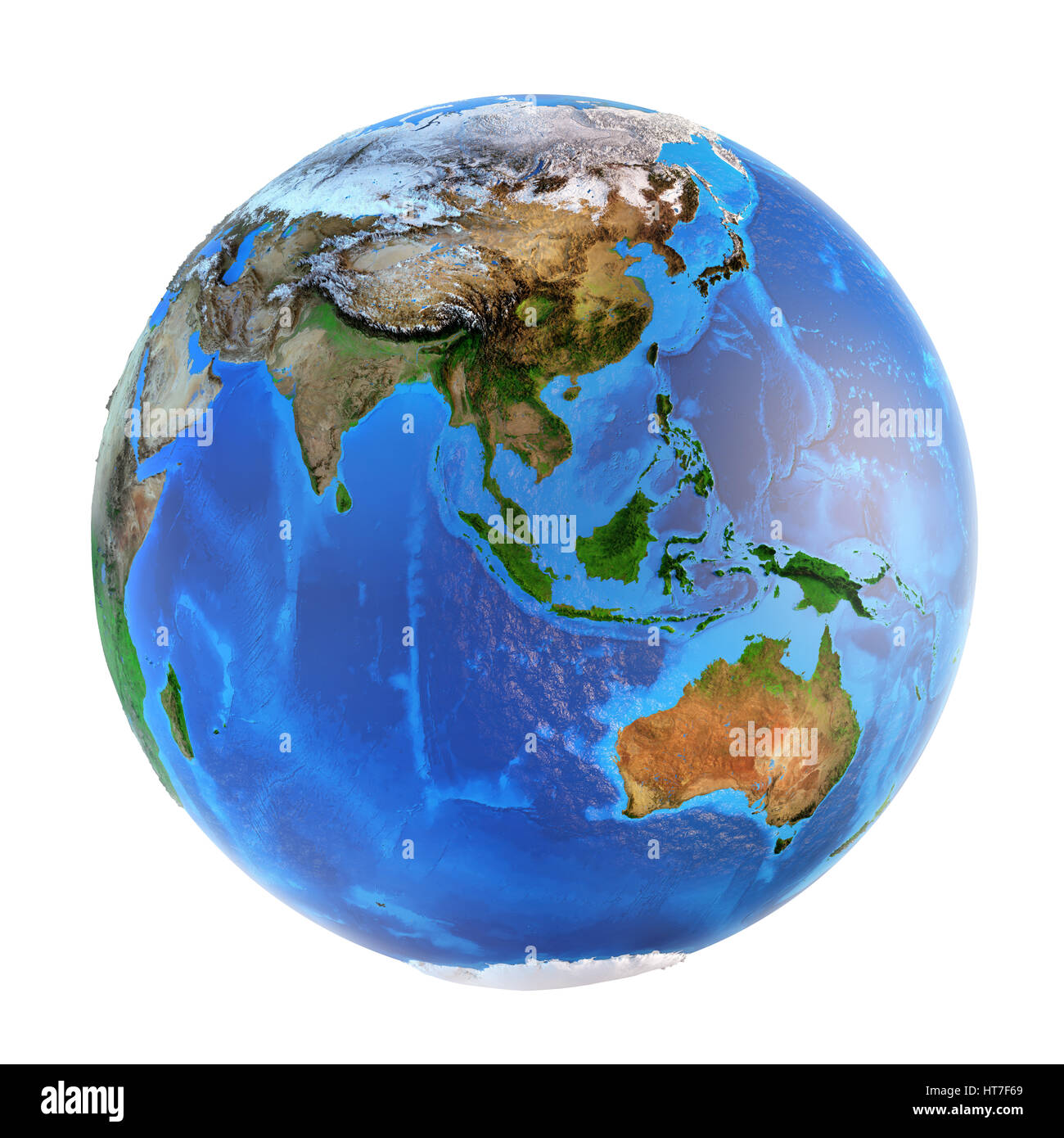 Detailliertes Bild der Erde und seiner Landschaftsformen, konzentrierte sich auf Asien und Ozeanien, isoliert auf weiss. Elemente dieses Bildes, eingerichtet von der NASA Stockfoto