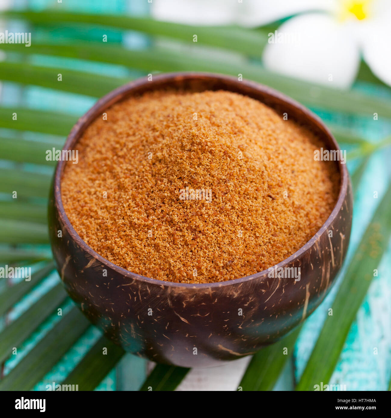Kokosnuss Braunzucker in einer Holzschale. Stockfoto