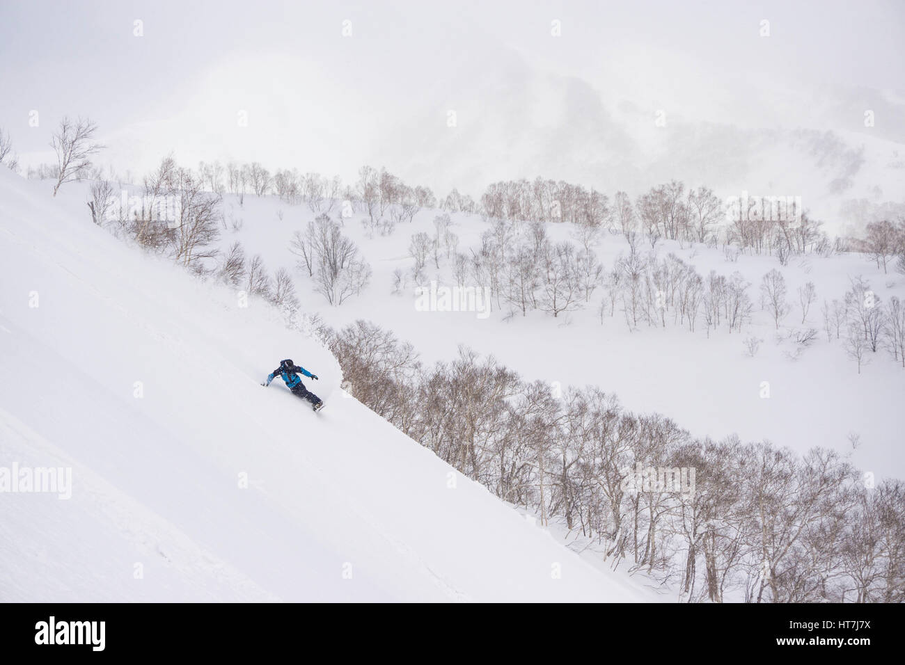 Snowboarden In Niseko während eines Schneesturms Stockfoto
