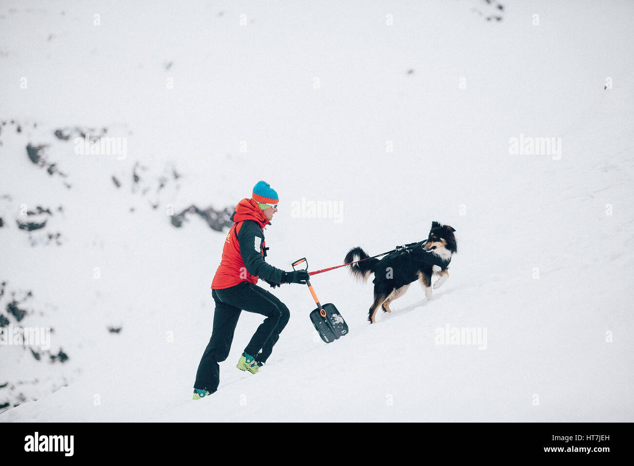 Ein Bergretter mit einer Lawine Hund In Polen Stockfoto