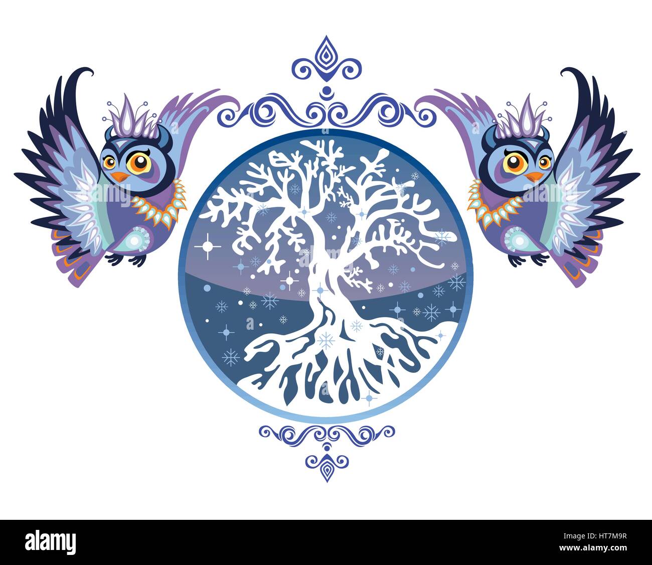 Vektor-Illustration. Dekorative Vektor Eule mit Winter Baum Stock Vektor