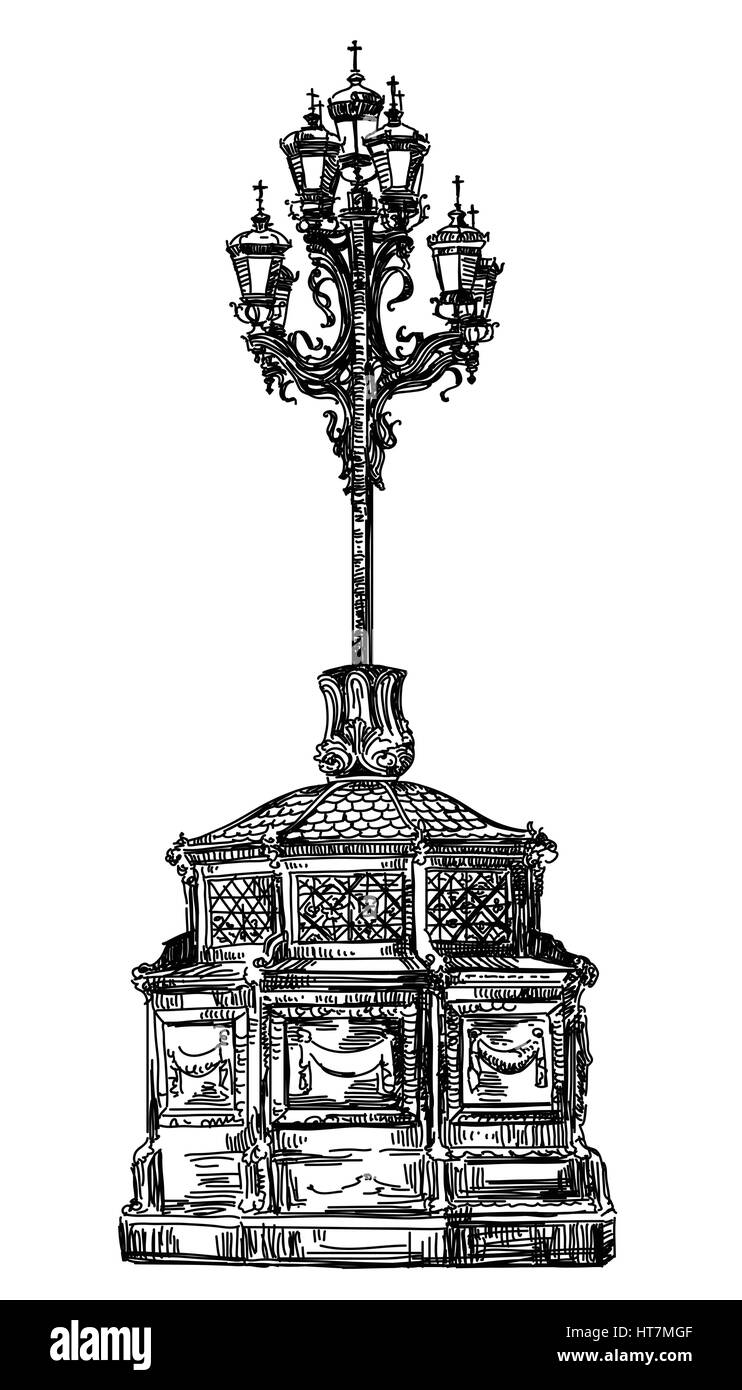 Alte Laterne in der Nähe von Kathedrale von Christus dem Erlöser in Moskau Vektor Handzeichnung llustration Stock Vektor