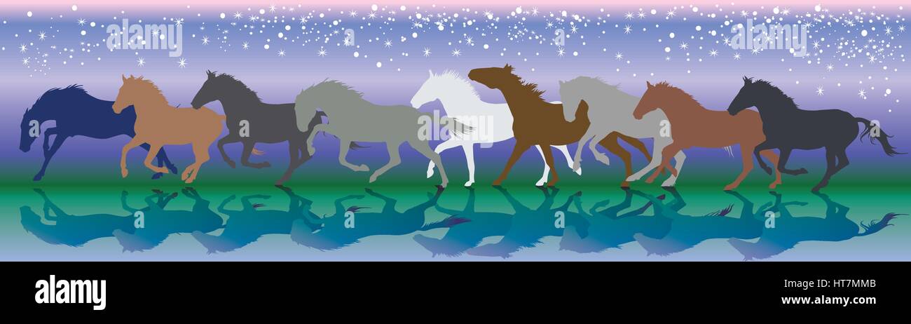 Vektor-Hintergrund mit Pferden und Sterne laufen Galopp in der Nacht Stock Vektor