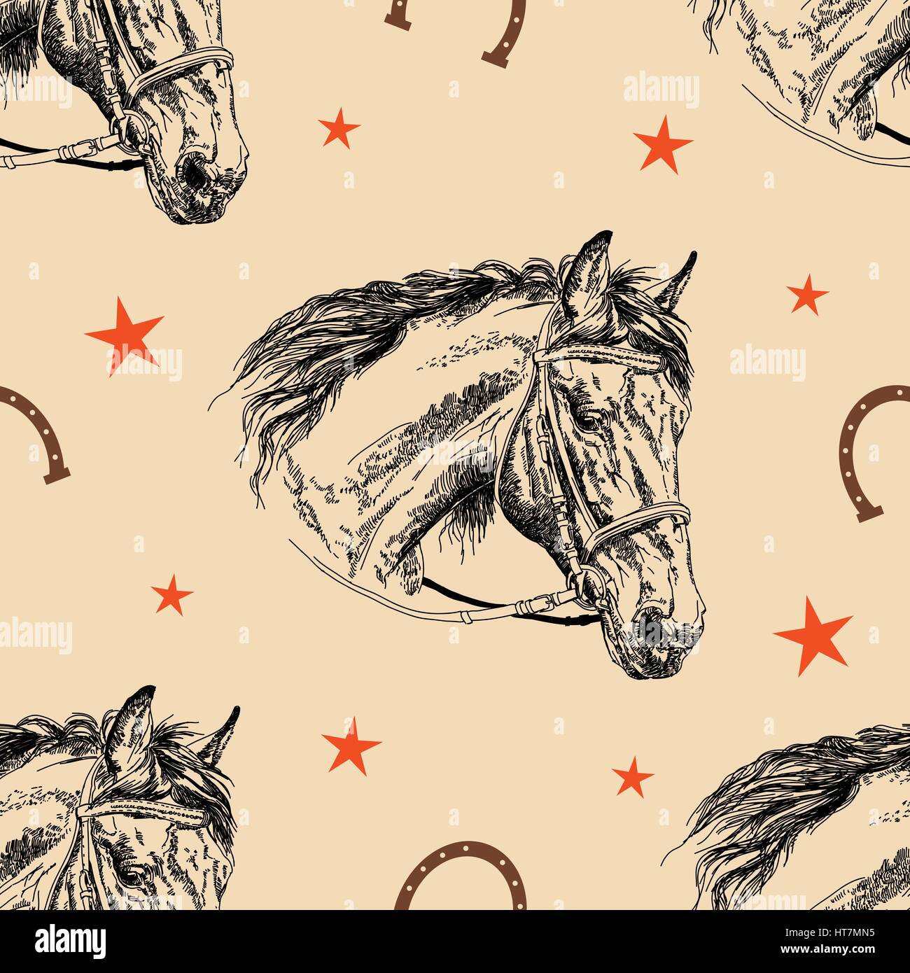 Nahtlose Vektormuster mit schwarzen Handzeichnung Pferdekopf, Stars und Hufeisen auf Beige Hintergrund Stock Vektor