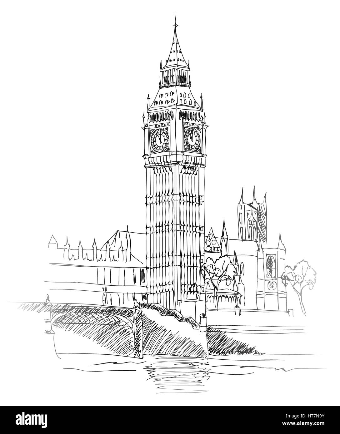 London Landmark. Landschaft von London. Big Ben Tower. Vektor Handskizze Abbildung. Stock Vektor