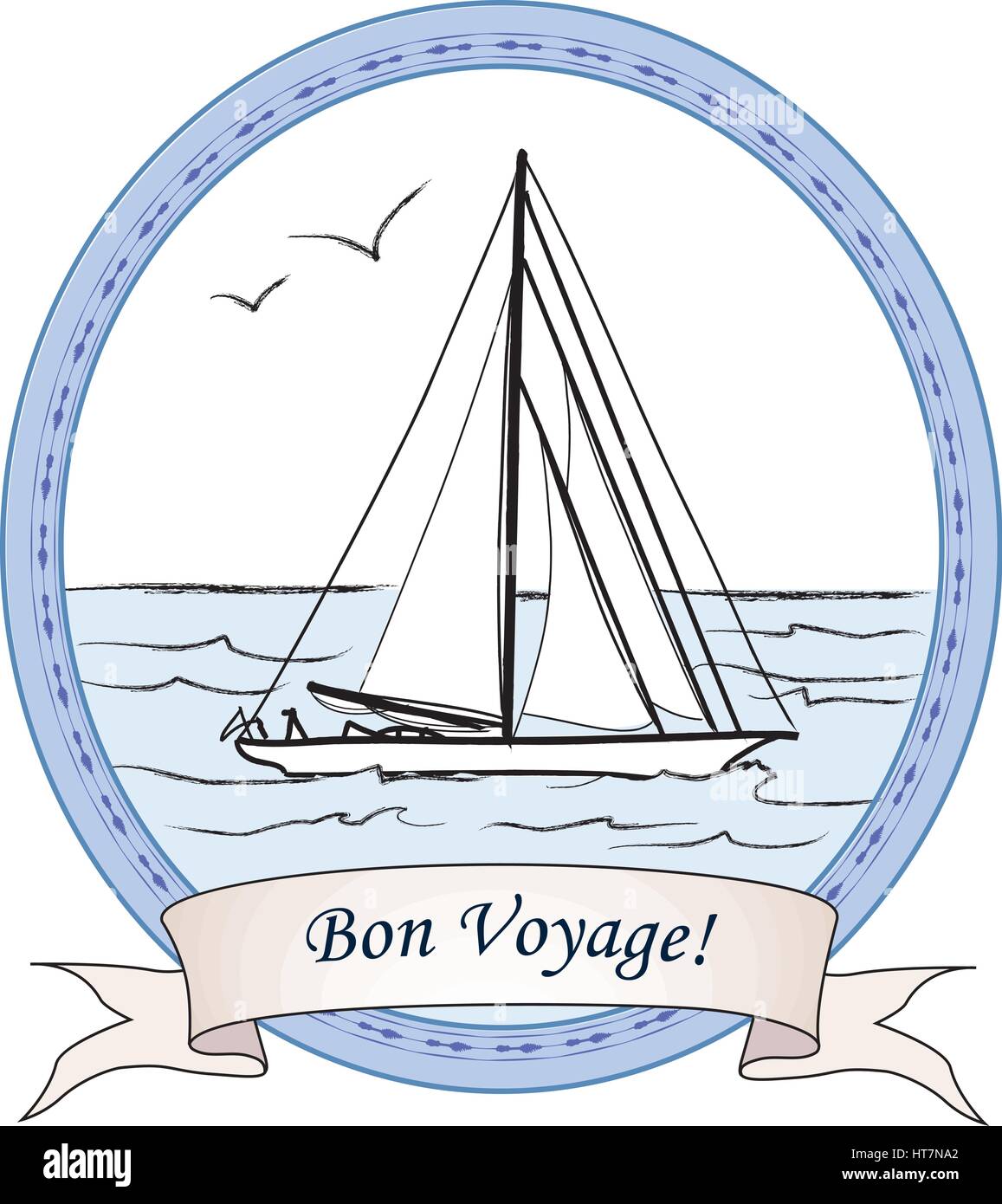 Bon voyage Vintage Travel Card. Yachtcharter im Ozean Banner. nautische Meer Symbol. Vector Illustration Skizze der Boot im Meer. Stock Vektor