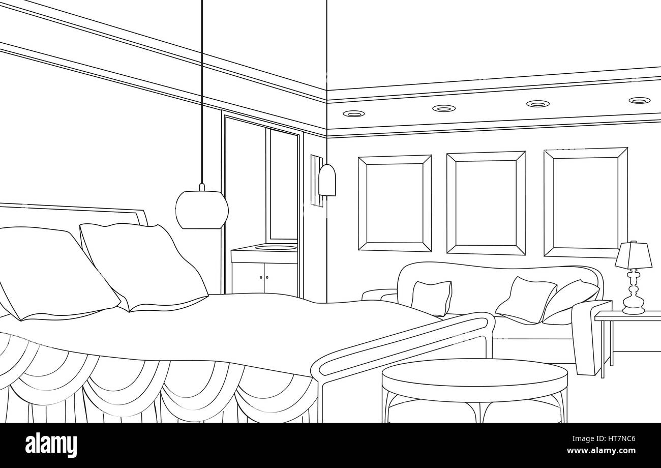 Schlafzimmer möbel. Retro Stil Zimmer. bearbeitbaren skizzieren Skizze eines Inneren. grafische Interieur. Stock Vektor
