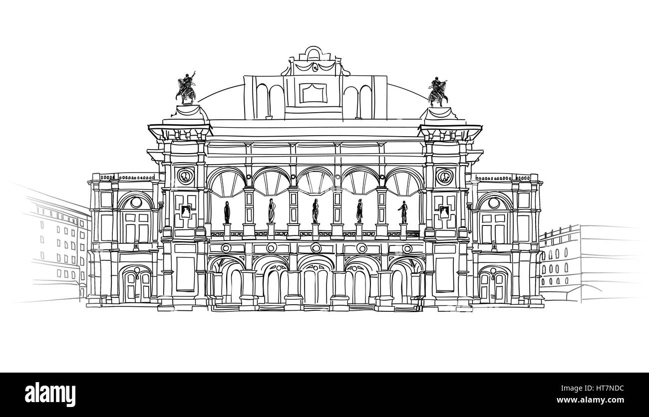 Wiener Staatsoper, Österreich. Wien Theater an der Wiener Staatsoper Gebäude isoliert. architekturentwurf Skizze. Stock Vektor
