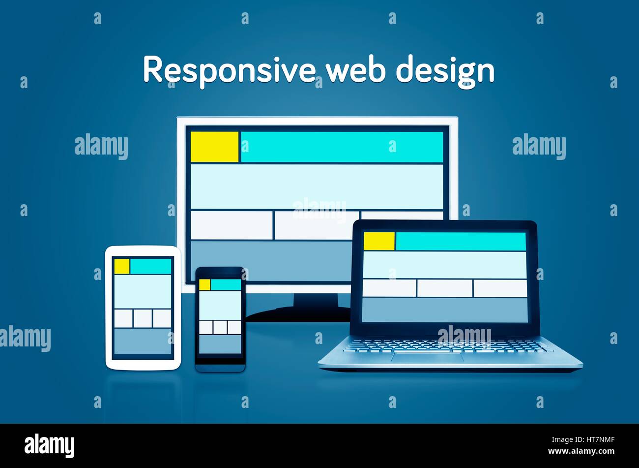 Ansprechende Web-Design-Layout auf verschiedenen Geräten. Auf dunklem Hintergrund Stockfoto