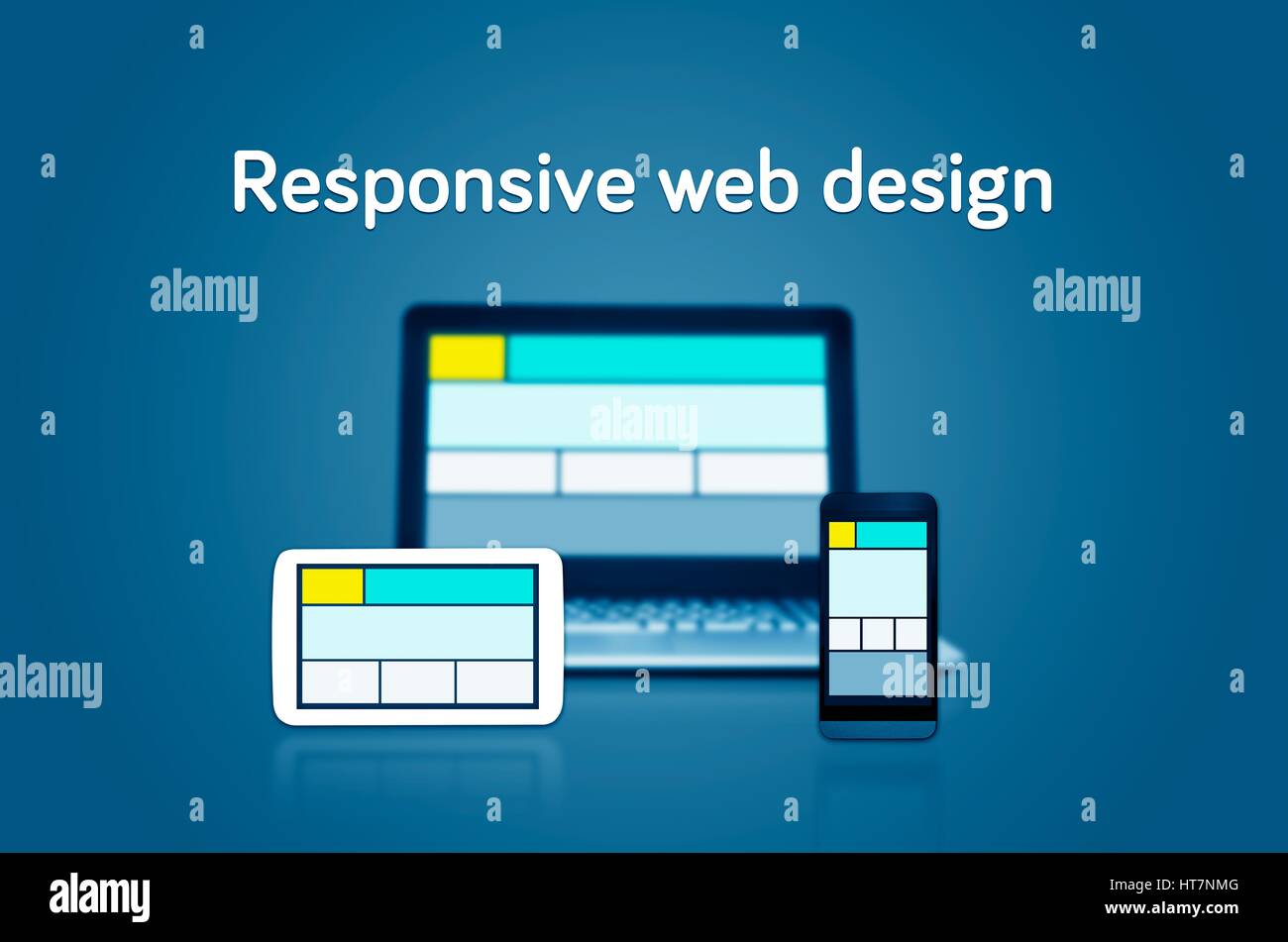 Ansprechende Web-Design-Layout auf verschiedenen Geräten. Auf dunklem Hintergrund Stockfoto