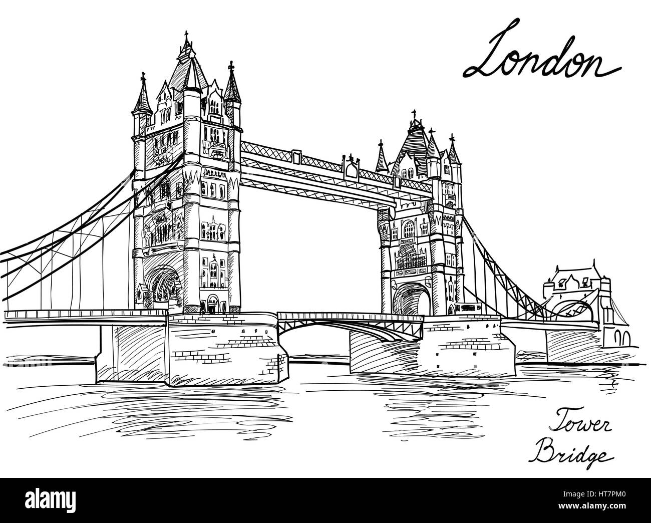 Tower Bridge, London, England, UK, Europa. handzeichnung Old Fashion Illustration Hintergrund mit kopieren. Stock Vektor