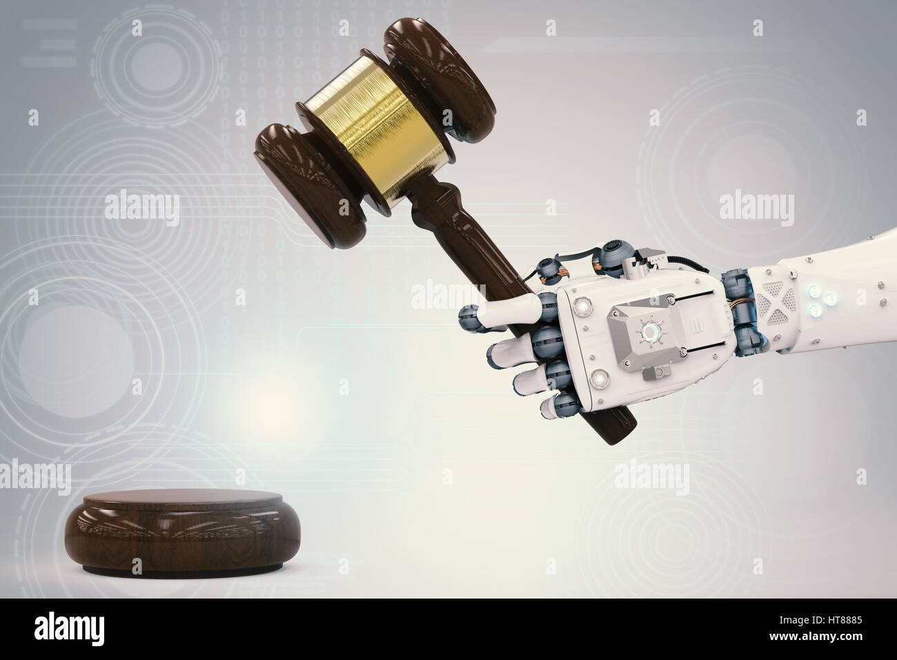 Cyber-Konzept mit 3d Rendering Roboter-Hand Hammer Richter Stockfoto