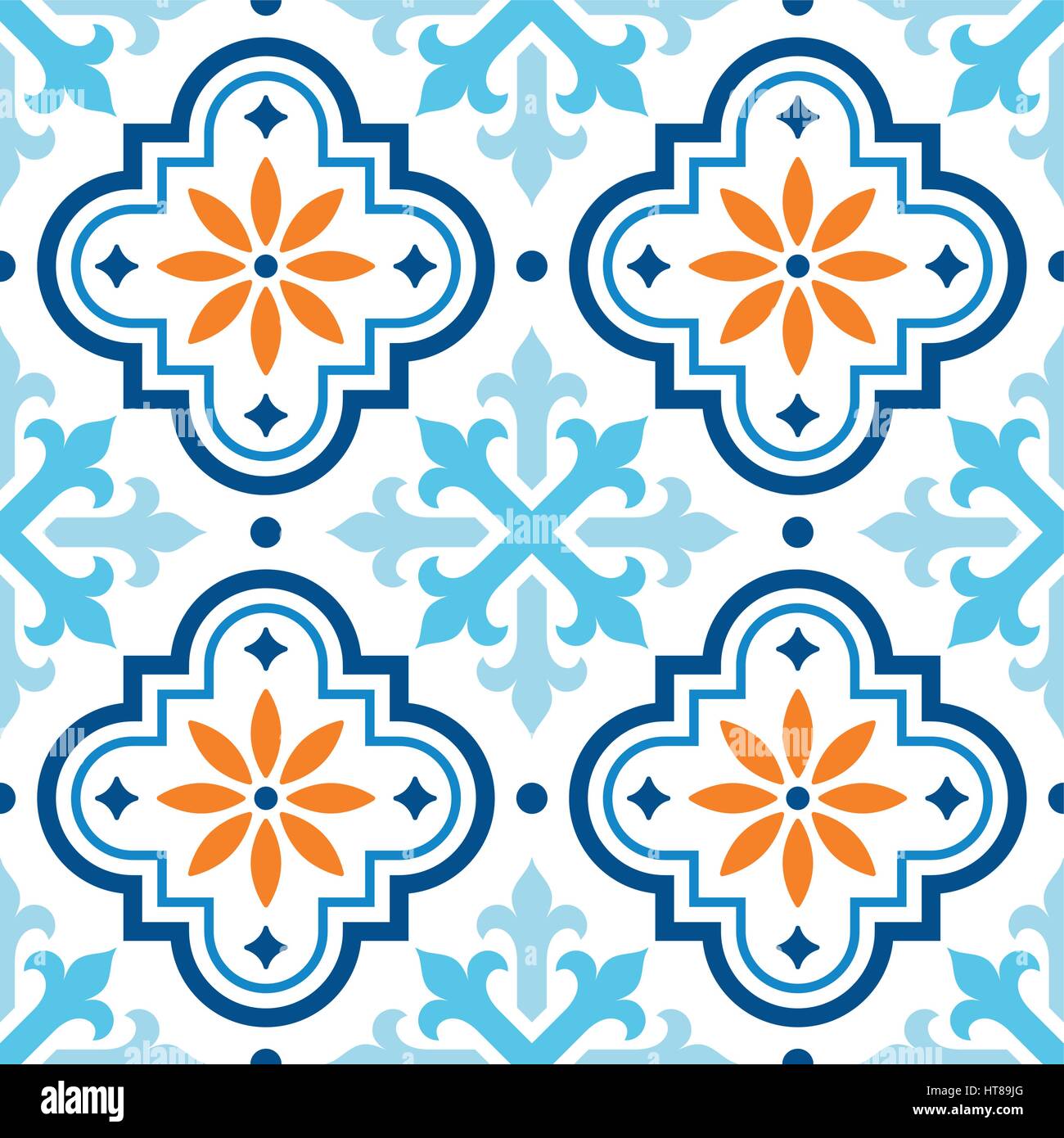 Spanische Fliese Muster, marokkanischen Fliesen Design, nahtlose blauen und orangefarbenen Hintergrund Stock Vektor