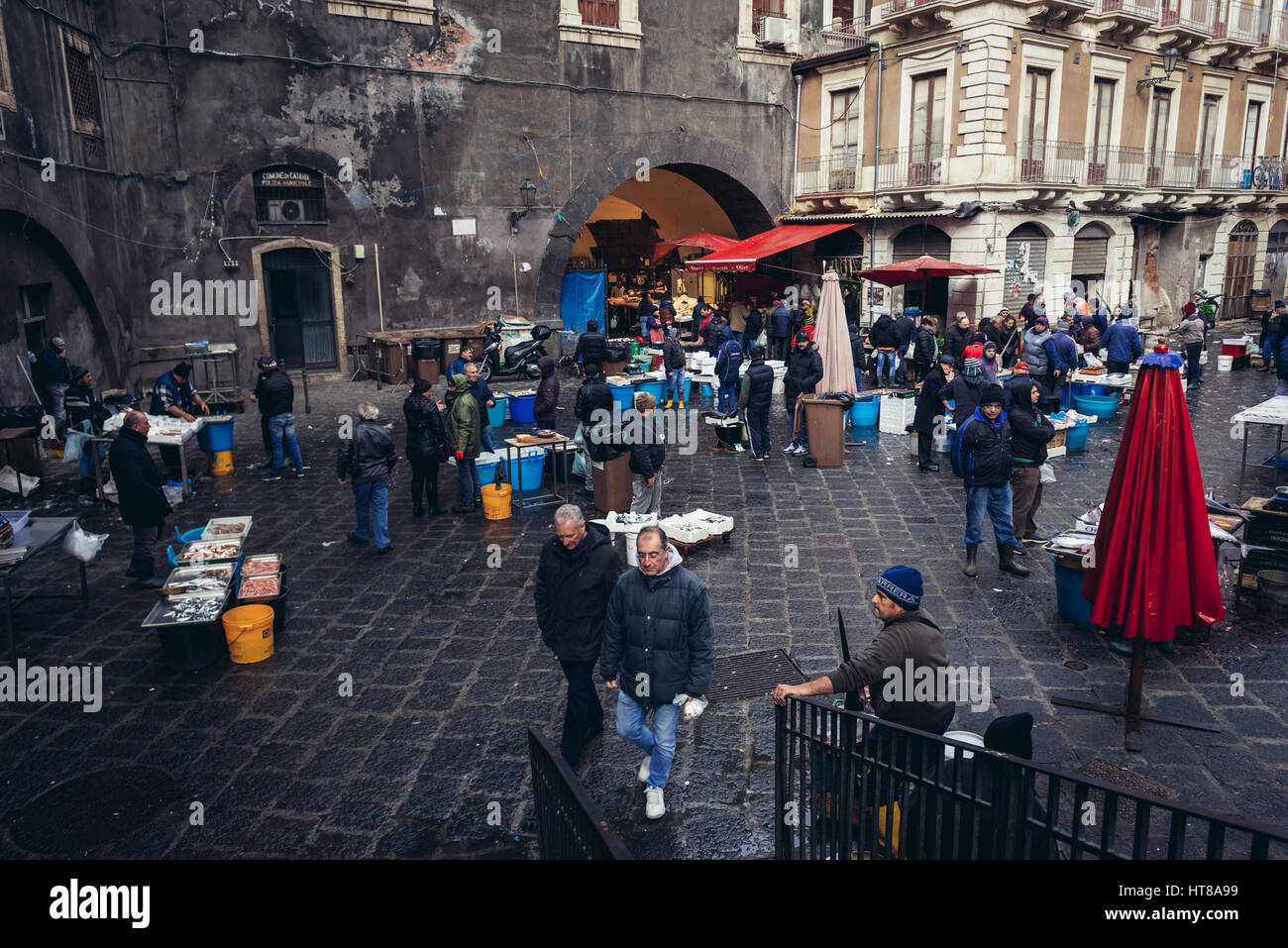 Berühmten alten Fischmarkt La Pescheria in Catania Stadt, östlich der Insel Sizilien, Italien genannt Stockfoto