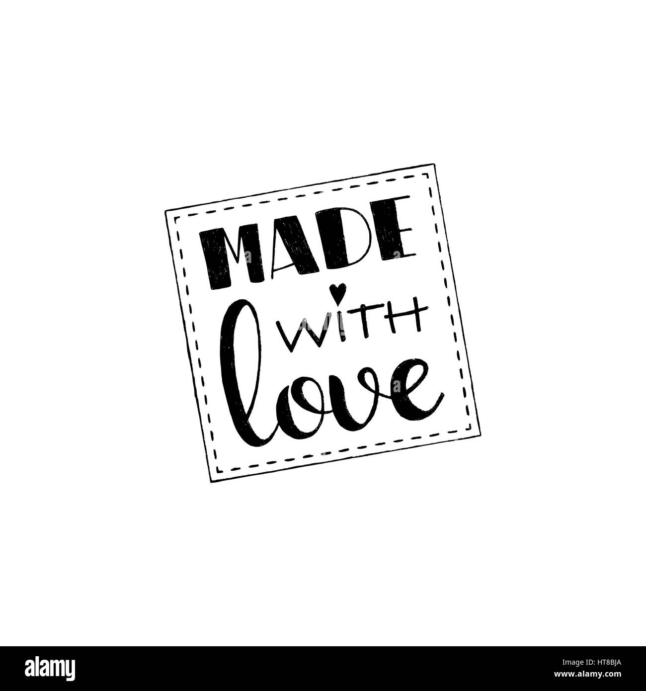 Gemacht mit Liebe handgeschrieben Schrift. Moderne Vektor handgezeichnete Kalligraphie isoliert auf weißem Hintergrund für Ihre Beschriftung oder Aufkleber design Stock Vektor