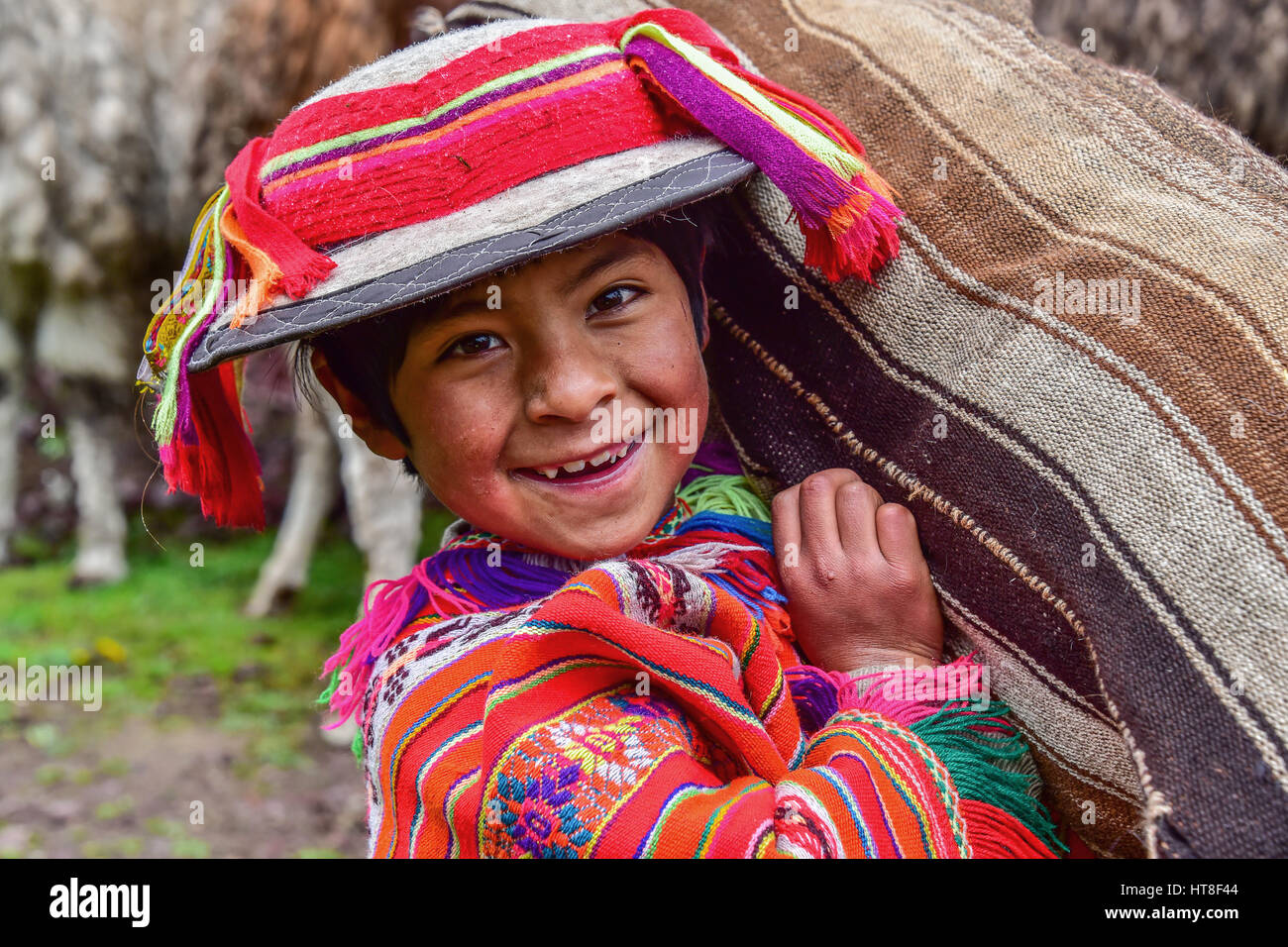 Indio Junge in der Tracht mit Poncho und Hut, Tragetasche, in der Nähe von Cusco, Anden, Peru Stockfoto