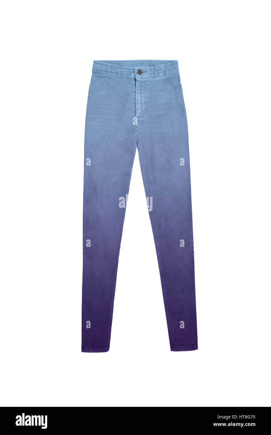 hohe Taille blau lila Farbverlauf Jeans Damenhosen, isoliert auf weißem Hintergrund Stockfoto