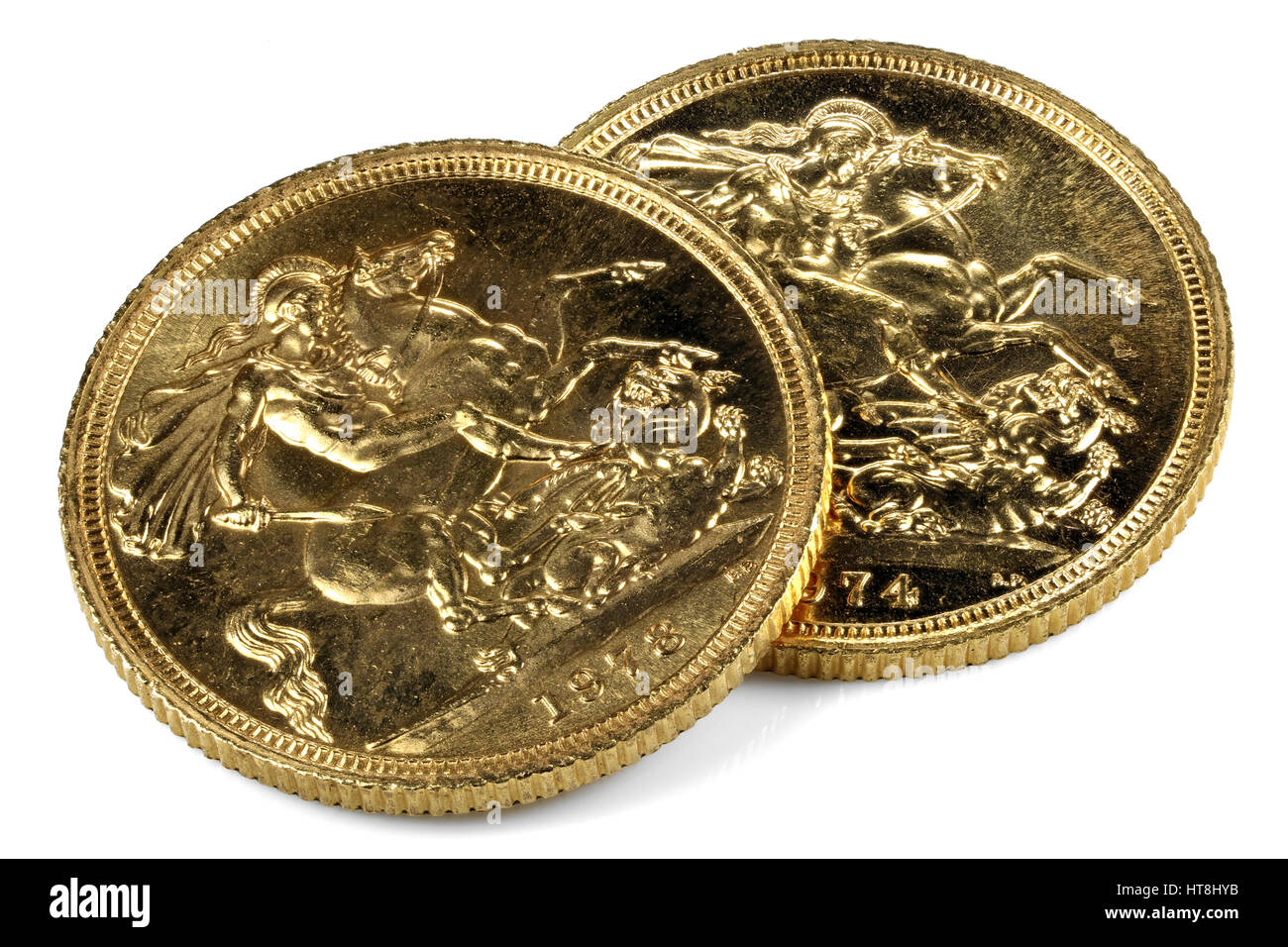Britische Sovereign gold Münzen isoliert auf weißem Hintergrund Stockfoto
