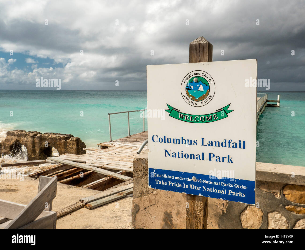 Zeichen für Columbus Landfall National Park Cockburn Town Grand Turk Turks und Caicos Insel Stockfoto