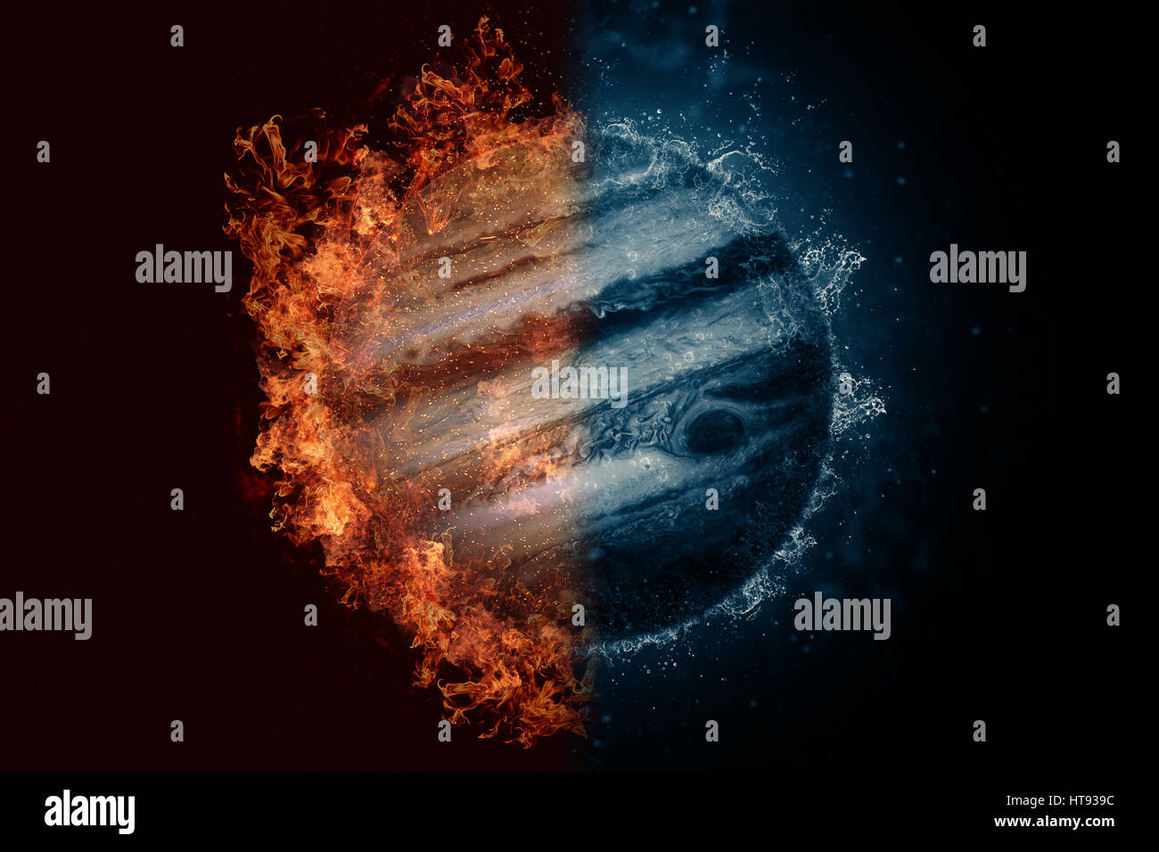 Planet Jupiter in Feuer und Wasser. Sci-Fi-Konzeptzeichnung Stockfoto