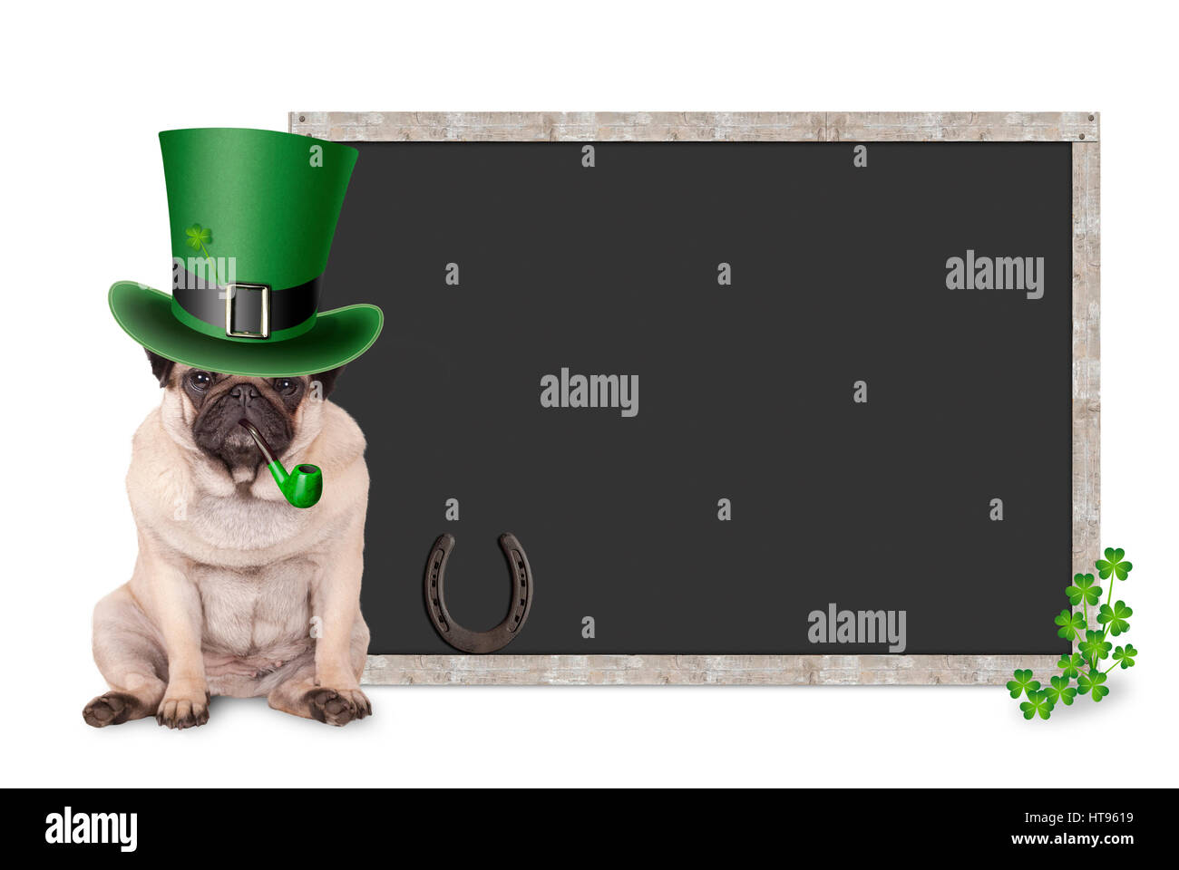 süße smart Mops Welpen Hund mit St. Patricks Day Hut und Pfeife sitzt neben leere Tafel Zeichen mit Shamrock und Hufeisen Stockfoto