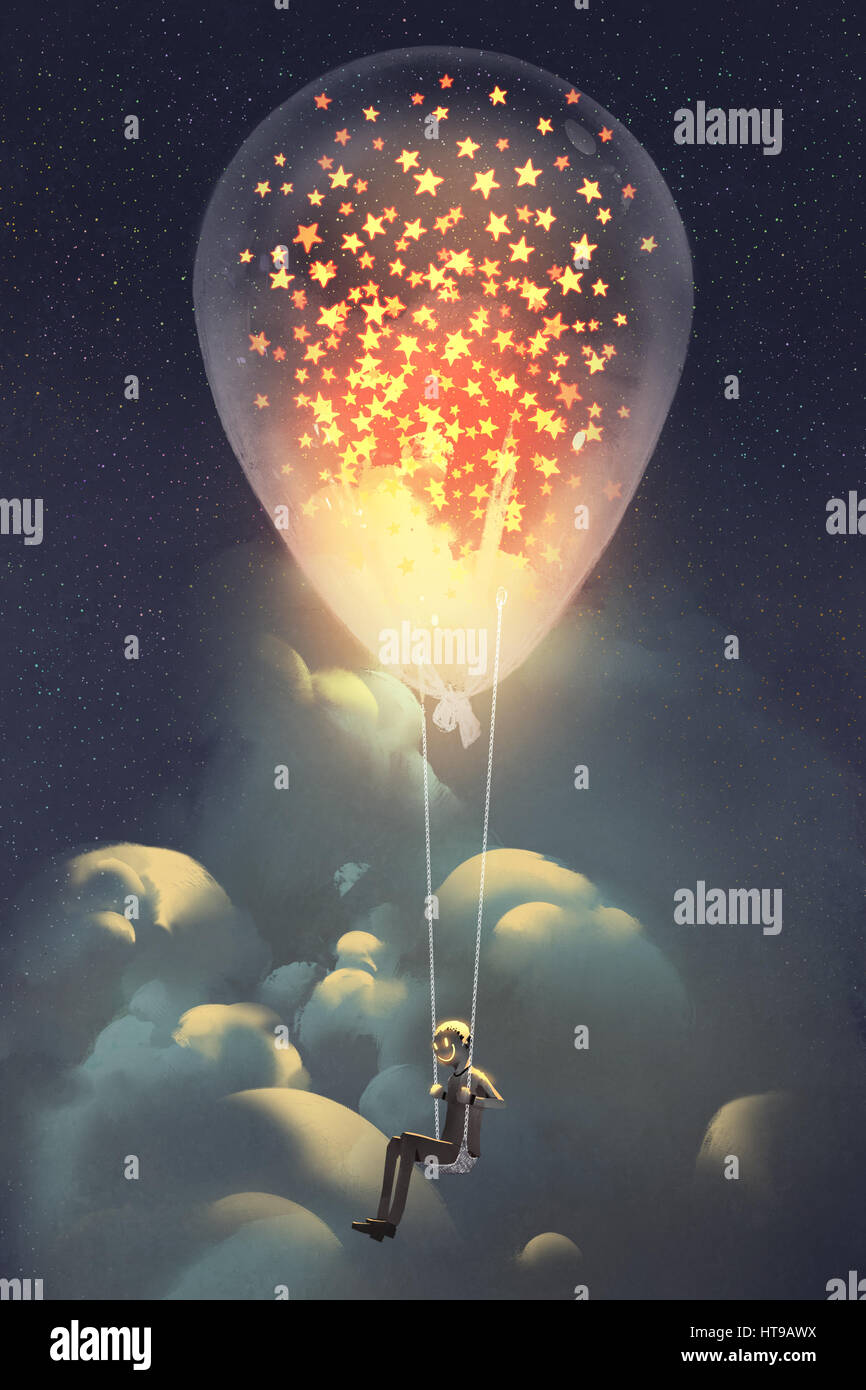 Mann und großen Ballon mit leuchtenden Sternen innen schweben in den Himmel in der Nacht, Illustraion Malerei Stockfoto