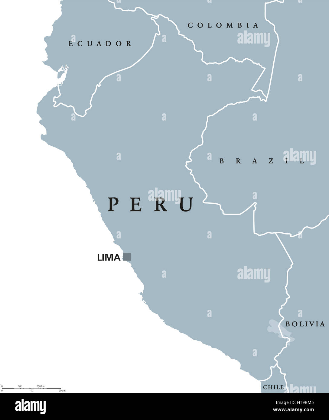 Peru politische Karte mit Hauptstadt Lima, nationale Grenzen und Nachbarn. Republik und Land im westlichen Südamerika. Stockfoto