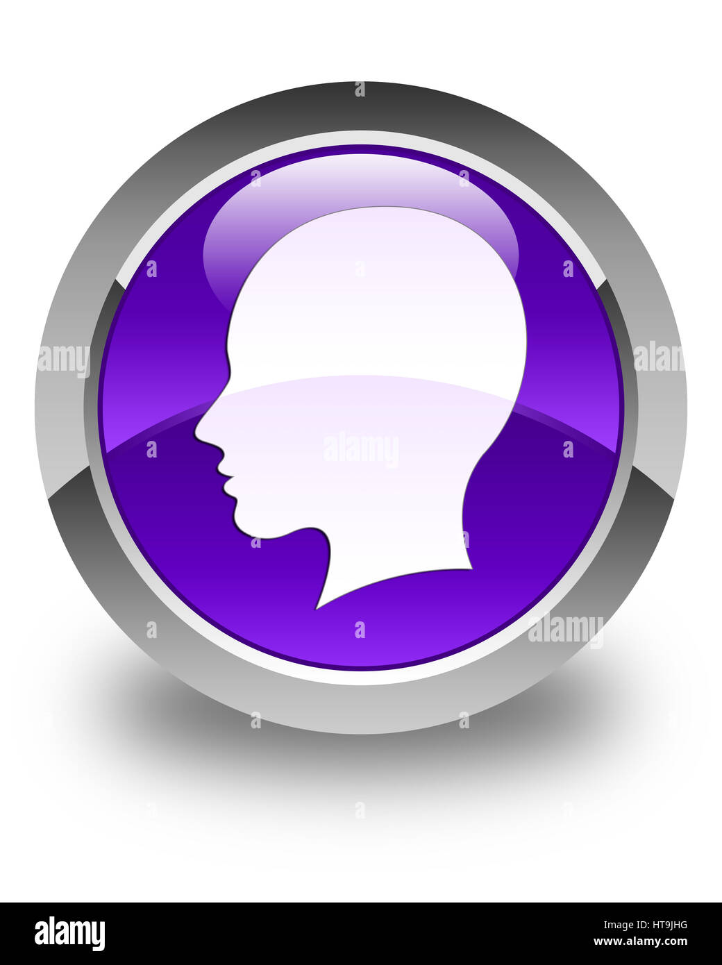 Kopf weibliches Gesichtssymbol isoliert auf abstrakte Darstellung glänzend lila runden Knopf Stockfoto