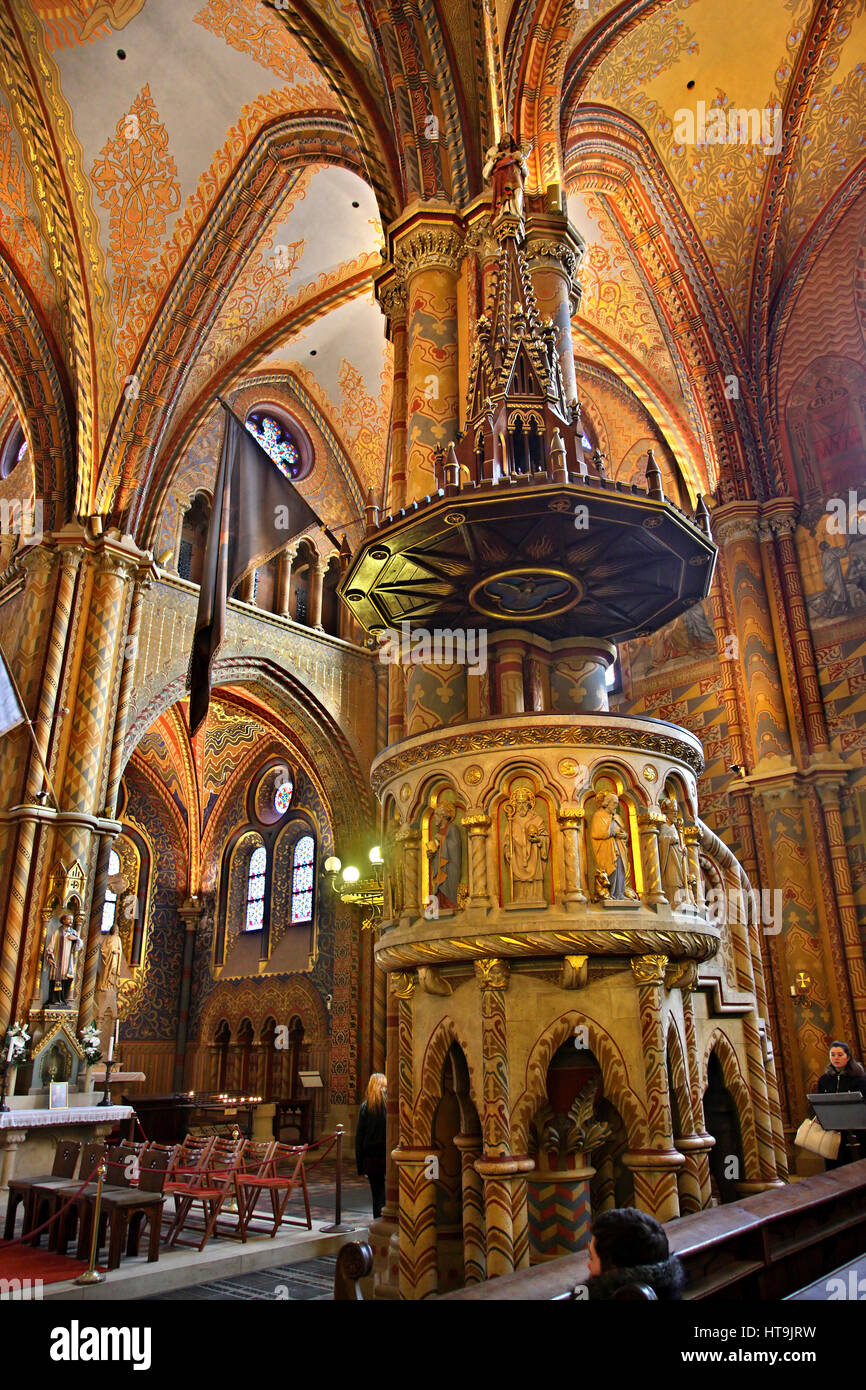 Die Kanzel in der Matthiaskirche (Matyas Templom), Castle Hill (Varhegy), Buda, Budapest, Ungarn Stockfoto