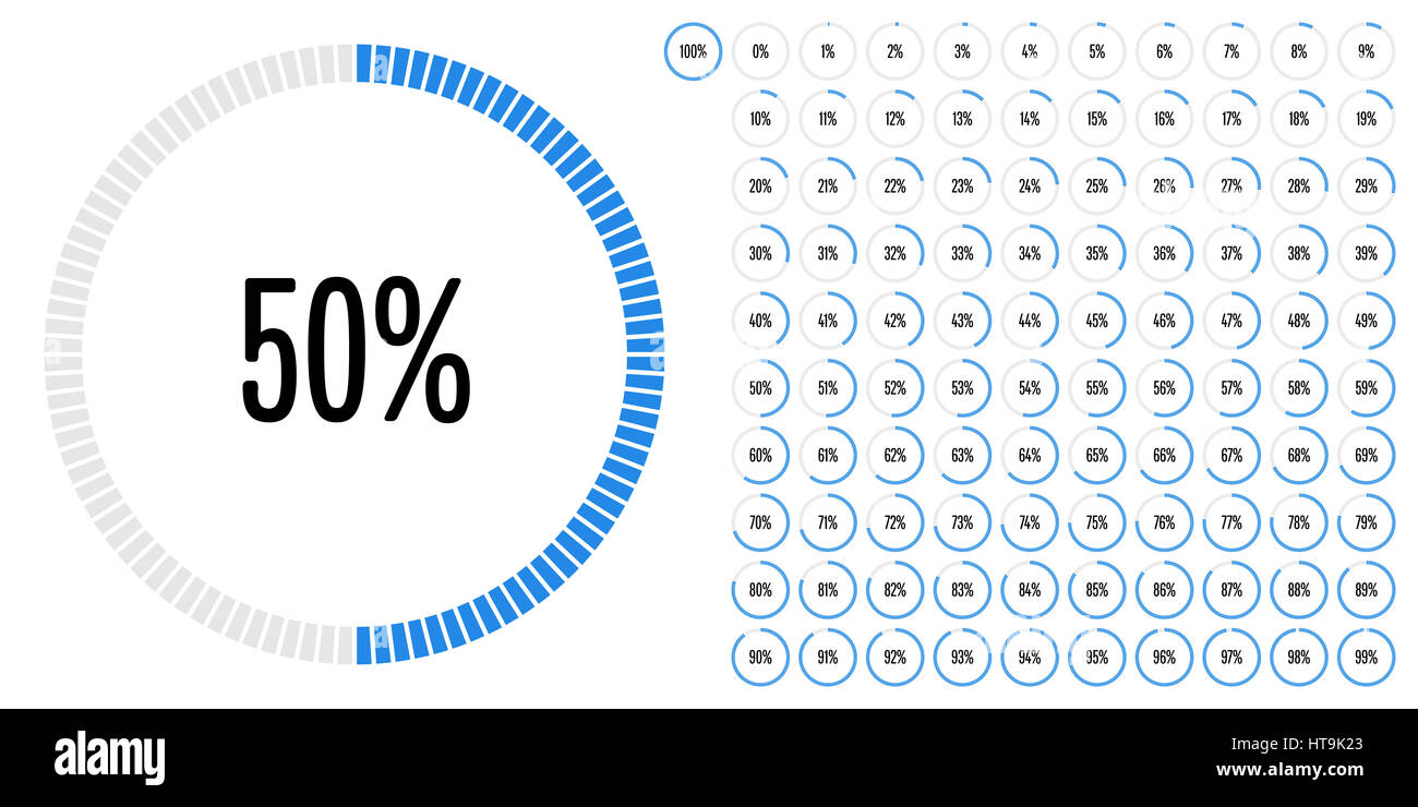 Kreis Prozentsatz Zeichnungssatz von 0 bis 100 für Web-Design, User-Interface (UI) oder Infografik - Indikator mit blau Stockfoto