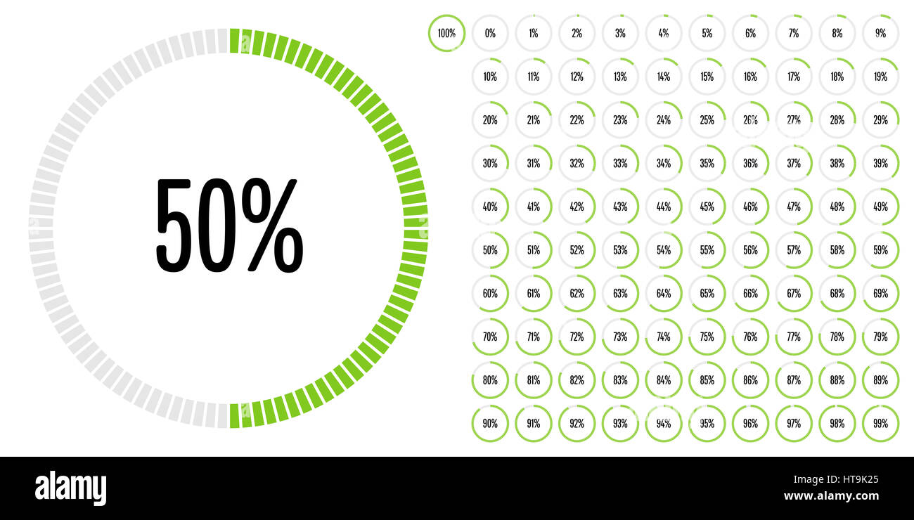 Kreis Prozentsatz Zeichnungssatz von 0 bis 100 für Web-Design, User-Interface (UI) oder Infografik - Indikator mit Grün Stockfoto