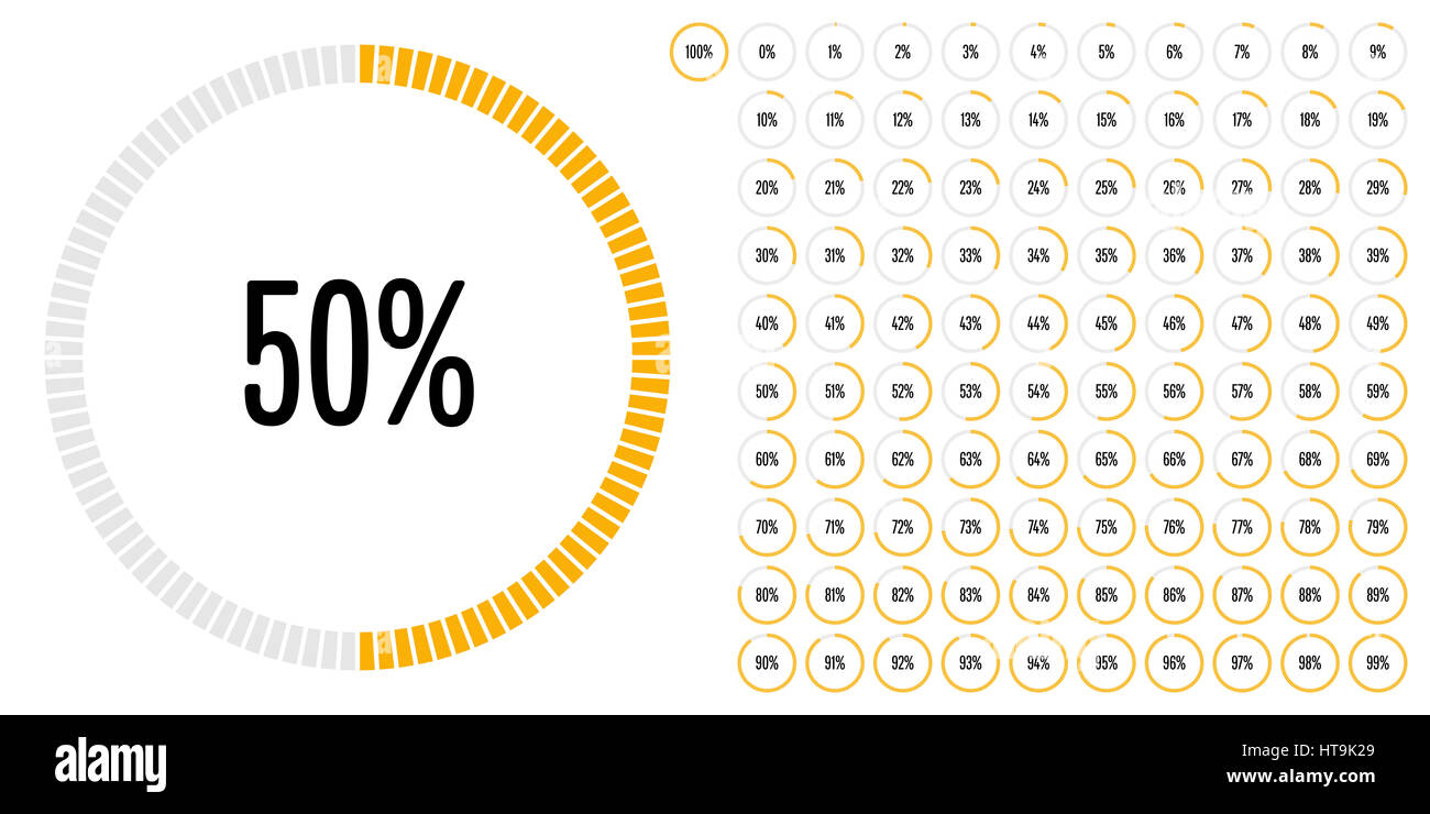 Kreis Prozentsatz Zeichnungssatz von 0 bis 100 für Web-Design, User-Interface (UI) oder Infografik - Indikator mit gelb Stockfoto