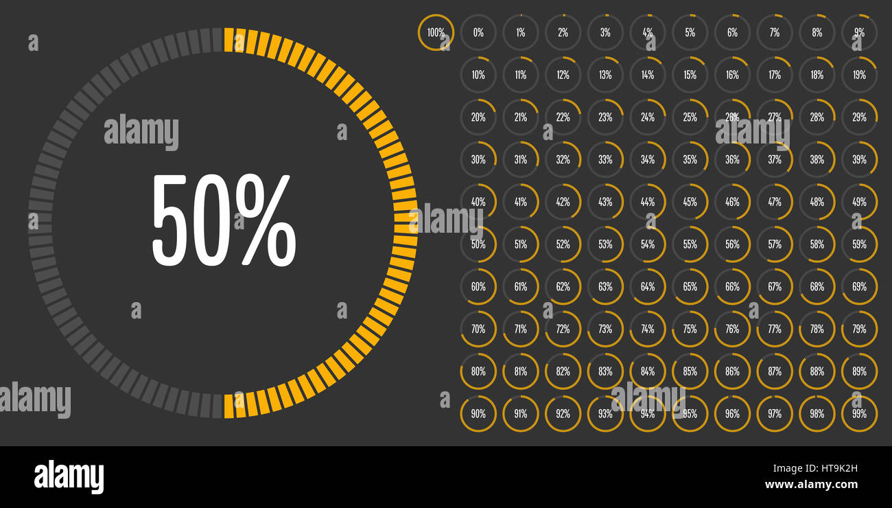 Kreis Prozentsatz Zeichnungssatz von 0 bis 100 für Web-Design, User-Interface (UI) oder Infografik - Indikator mit gelb Stockfoto