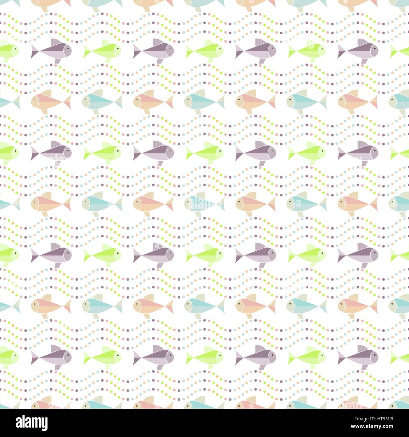 Nahtlose Muster. Abstrakten farbigen Hintergrund. Einfache Animation Textur mit sich regelmäßig wiederholenden Formen, Fische und gepunktete Wellen. Vektorelement von g Stock Vektor