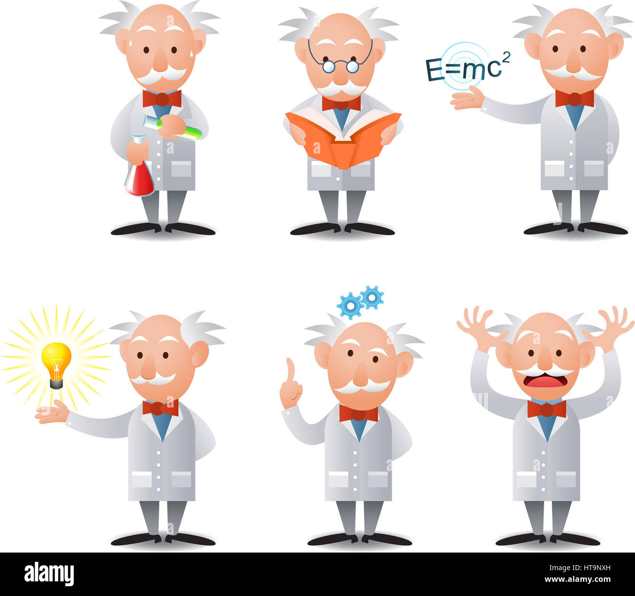Comicfigur Wissenschaftler in sechs Posen. Stockfoto