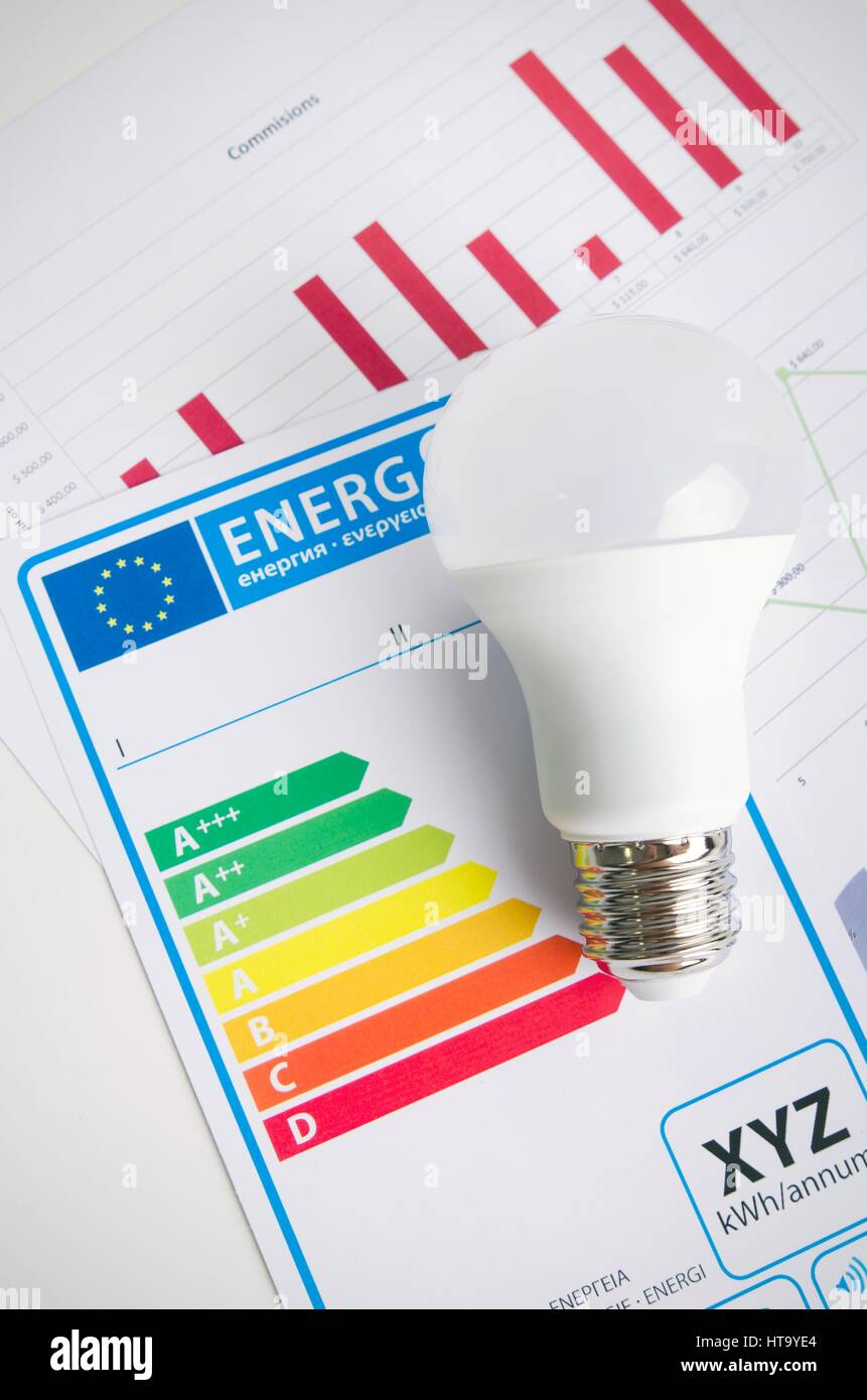 LED-Glühbirne auf Energie-Effizienz-Chart. Wirtschaftskonzept Stockfoto