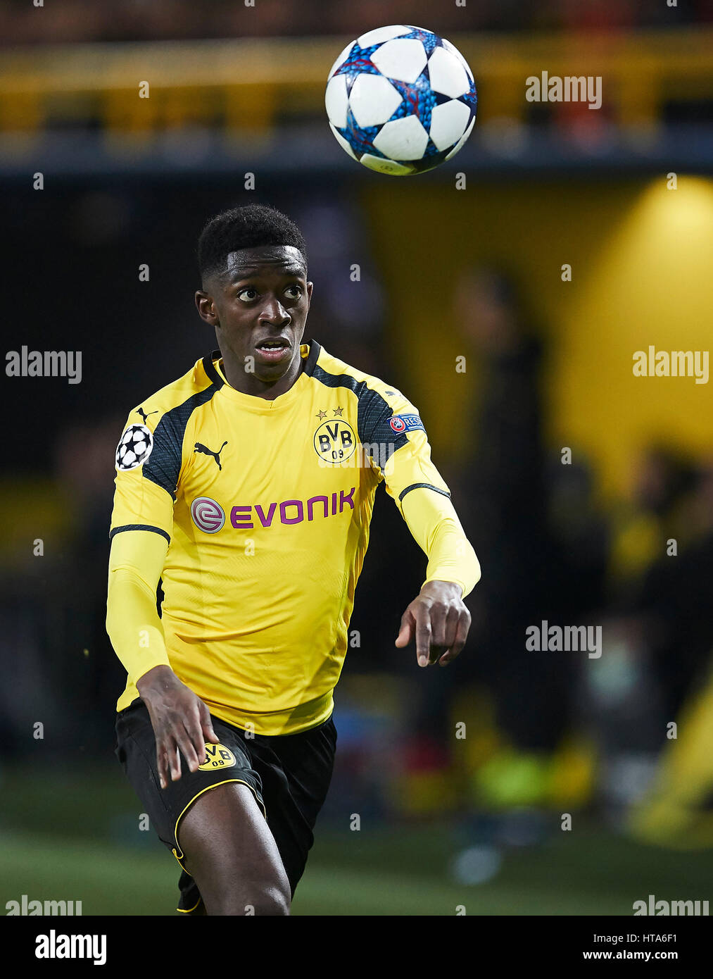 Dortmund, Deutschland. 8. März 2017. Fußball UEFA Champions League, Dortmund, März 08, 2017 Ousmane DEMBELE, BVB 7 treibt den Ball Aktion, Full-Size, BORUSSIA DORTMUND - BENFICA LISSABON 4-0 Best of 16, Fußball UEFA Champions League, Dortmund, 8. März 2017. CL Saison 2016/2017, BVB Credit: Peter Schatz/Alamy Live-Nachrichten Stockfoto