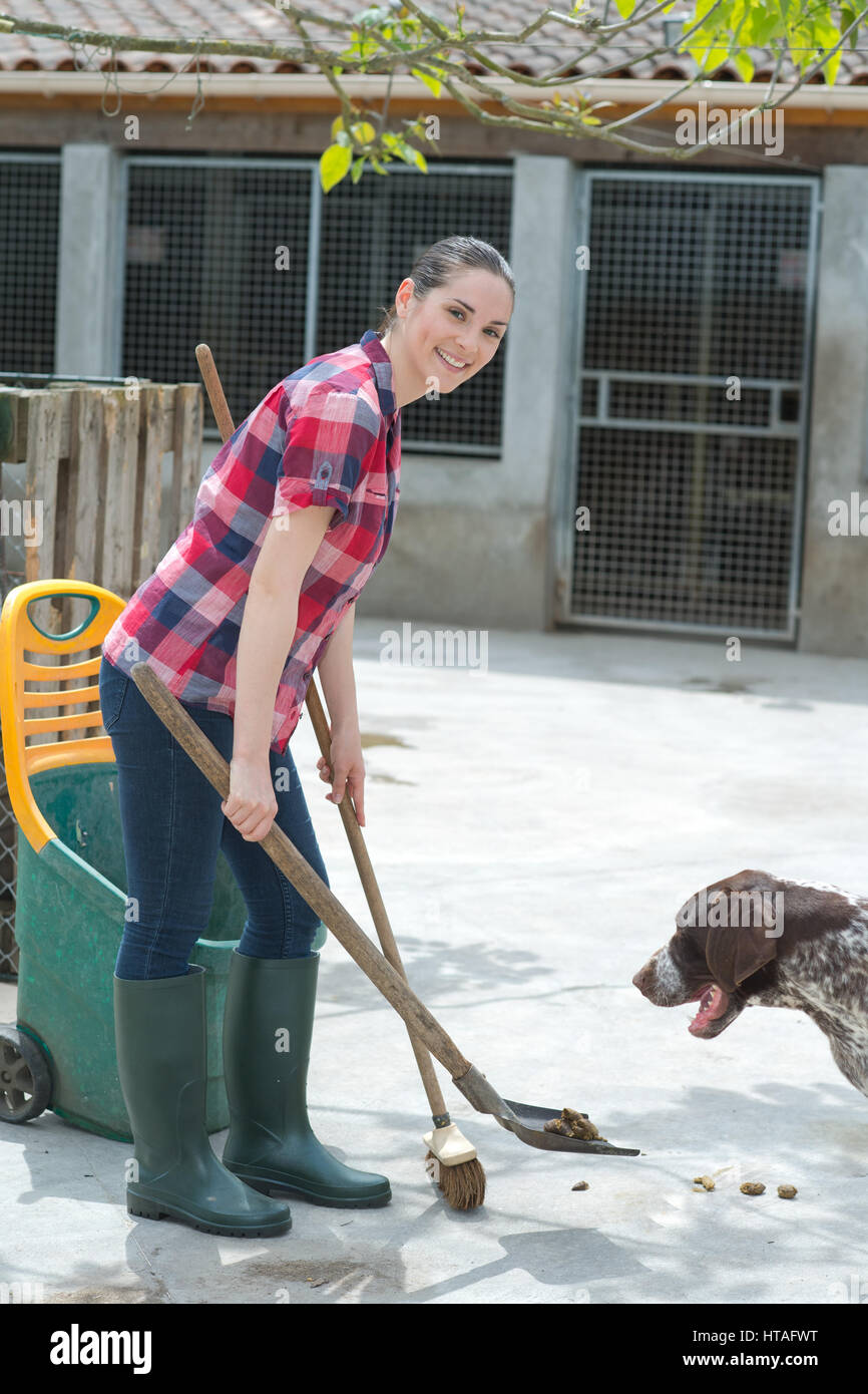 Reinigung Zeit für Kennel Assistant Stockfoto
